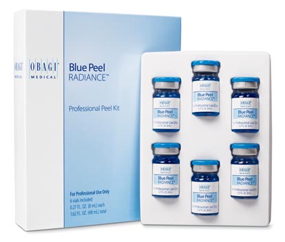 Product box containing six small bottles with dark blue liquid inside. Containing Obagi blue peel RADIANCE, a chemical face peel in each bottle.
