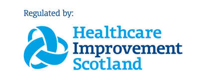 Health Improvement Scotland logo, blue and white