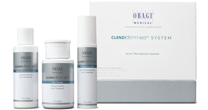 Picture of a product box and bottles, white trimmed with silver. Obagi Acne CLENZIderm System